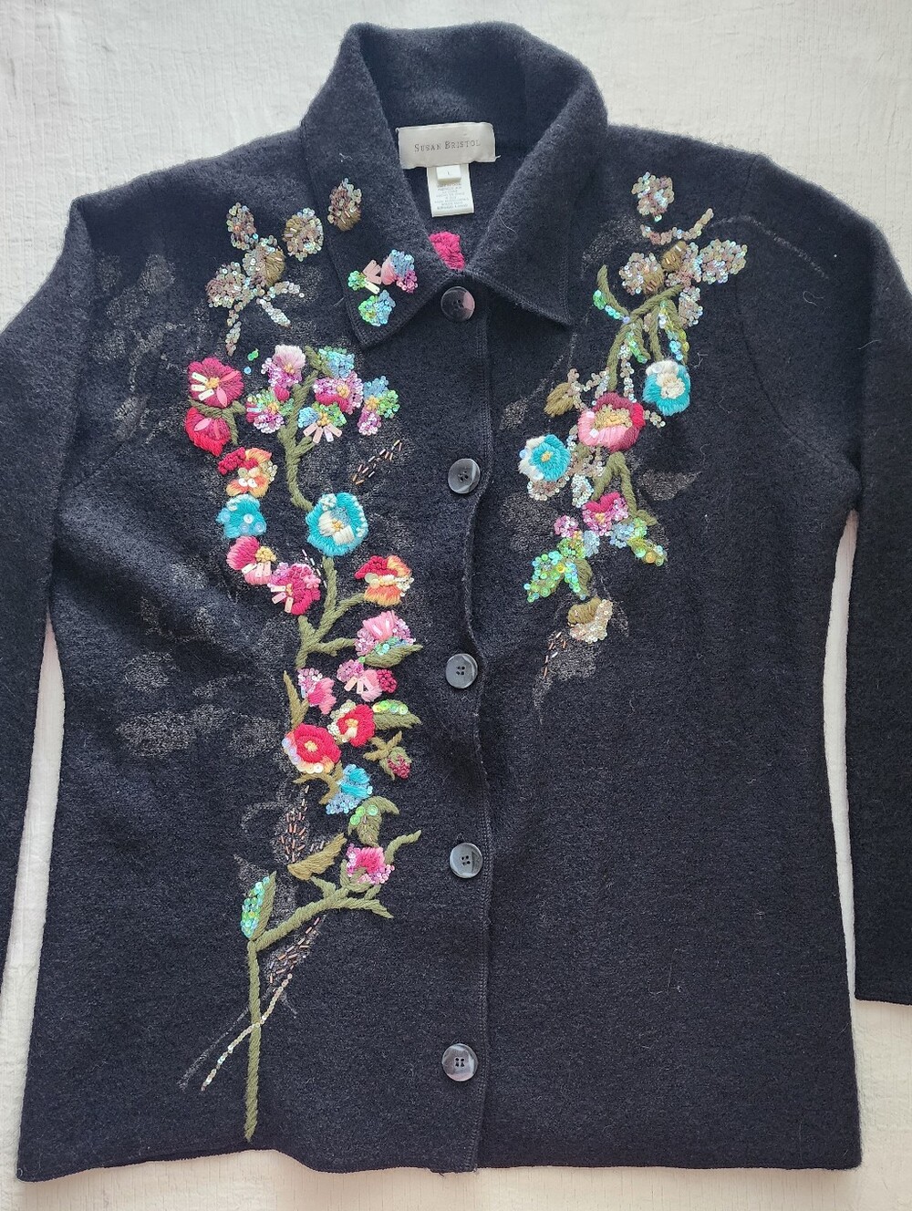 Vintage Susan Bristol Wool Beaded Embroidered Floral Cardigan Jacket